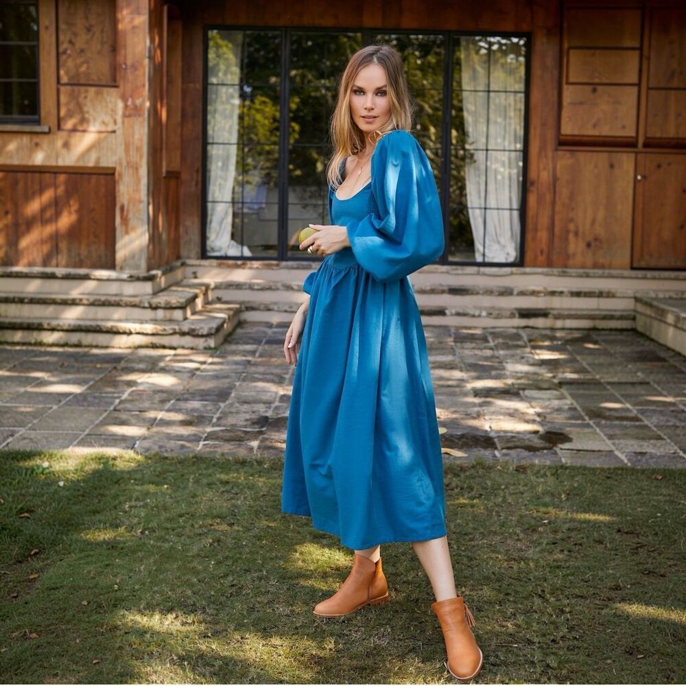 Bali ELF Made By Hand Alila French Blue Smocked Linen Midi Dress Women S $189
